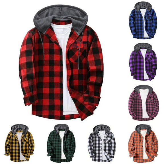 HomeDM Flannel Hoodie Plaid Shirts for Men, Long Sleeve Button Down Jacket with Pocket, Red