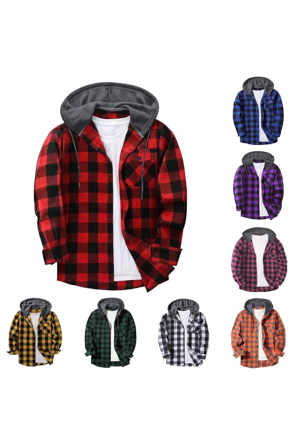 HomeDM Flannel Hoodie Plaid Shirts for Men, Long Sleeve Button Down Jacket with Pocket, Red