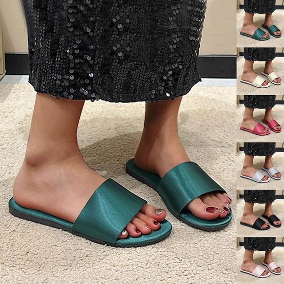 HomeDM Flat Sandals for Women Dressy Comfortable Open Toe Slip On Beach Sandals for Summer, Green Size 5.5