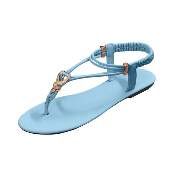 HomeDM Flat Thong Sandals for Women Dressy Bohemian Comfortable Open Toe Strappy Sandals Summer Beach Walking Shoes, Blue Size 6.5