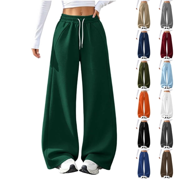 HomeDM Fleece Sweatpants for Women Wide Leg Drawstring High Waisted Baggy Casual Pants with Pockets