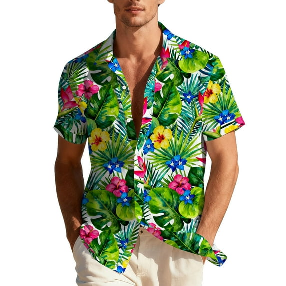 HomeDM Floral Hawaiian Shirts for Men Summer Beach Button Down Short Sleeve Tropical Vacation Shirt M-3XL