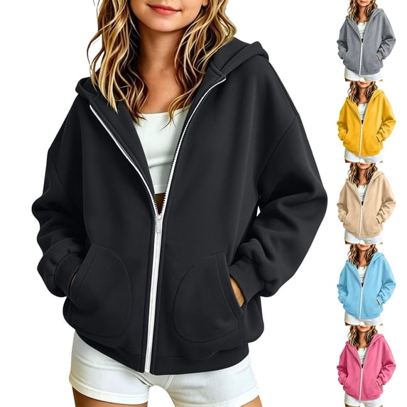 HomeDM Girls Boys Long Sleeve Sweatshirts Full Zip Long Sleeve Hoodie with Pockets Solid Color