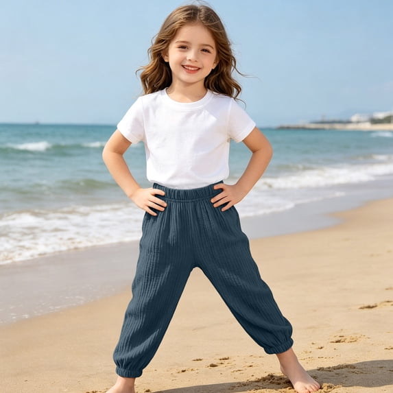 HomeDM Girls Boys Pants Stretch Casual Joggers Comfort Elastic Waist Athletic Pants for Unisex Navy Sweatpants Size 7-8 Years