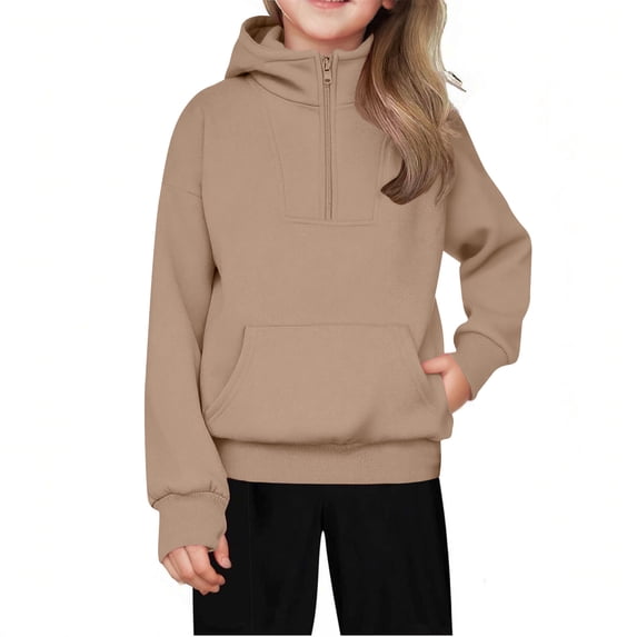 HomeDM Girls Sweatshirts Quarter Zip Long Sleeve Hooded Pullover Tops Kids Solid Color Lightweight Fall Winter Hoodies with Pocket Thumbholes, Khaki Size 5-6 Years