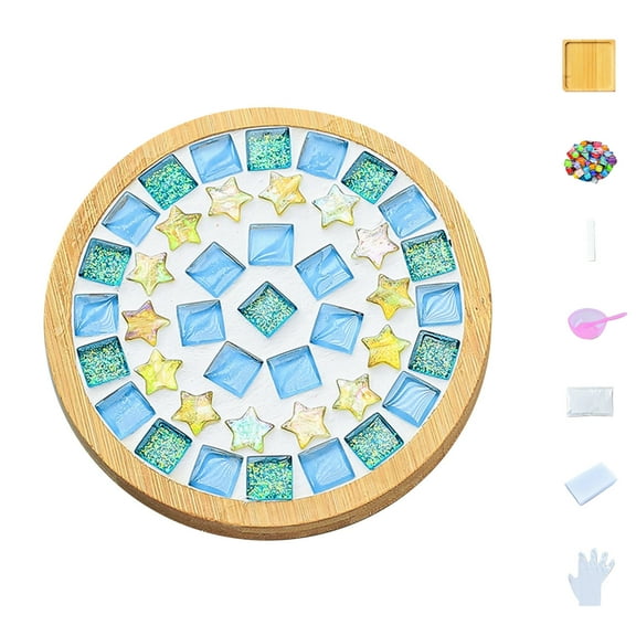 HomeDM Glass Mosaic Tiles Mosaic Kit with Bamboo Coaster DIY Mosaic Coaster Kit DIY Mosaic Crafts Kits Mosaic Coaster Making Kit for Drinks Tray Home Decor Birthday Gift Adults Crafts