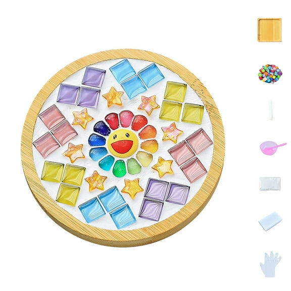 HomeDM Glass Mosaic Tiles Mosaic Kit with Bamboo Coaster DIY Mosaic Coaster Kit DIY Mosaic Crafts Kits Mosaic Coaster Making Kit for Drinks Tray Home Decor Birthday Gift Adults Crafts