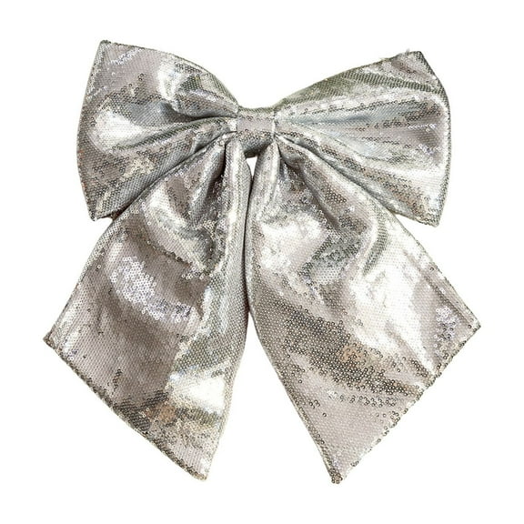 HomeDM Glitter Christmas Bow Ornaments for Christmas Tree Decorations 13.78" X 15.74" Silver Shiny Wreath Bows Pendant for Tree Topper Garland Wedding Fireplace Party Home Decor