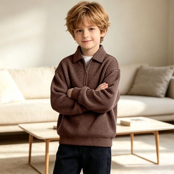 HomeDM Half-Zip Sweatshirt for Boys Waffle Knit Long Sleeve Collared Pullover Top with Ribbed Cuffs for Fall Casual