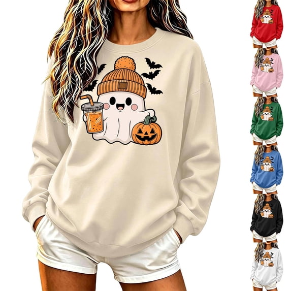 HomeDM Halloween Long Sleeve Sweatshirts Pumpkin Graphic Pullover Tops Crew Neck Cute Ghost