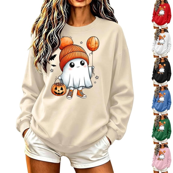 HomeDM Halloween Long Sleeve Sweatshirts Pumpkin Graphic Pullover Tops Crew Neck Cute Ghost
