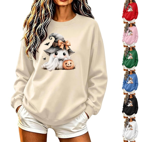 HomeDM Halloween Long Sleeve Sweatshirts Pumpkin Graphic Pullover Tops Crew Neck Cute Ghost
