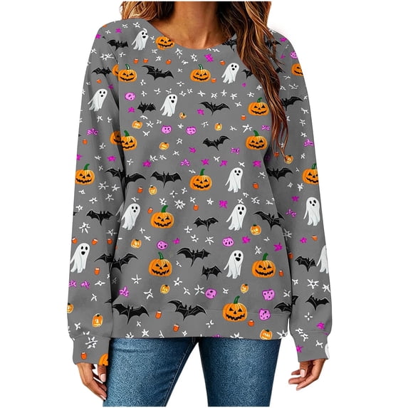 HomeDM Halloween Sweatshirt for Women All-Over Print Cute Ghost Long Sleeve Top Crew Neck Casual Holiday Pullover