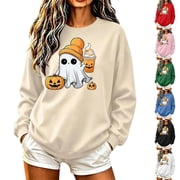 HomeDM Halloween Sweatshirt for Women Long Sleeve Cute Ghost Crew Neck Pullover Cozy Pumpkin Graphic Casual Fall Tops