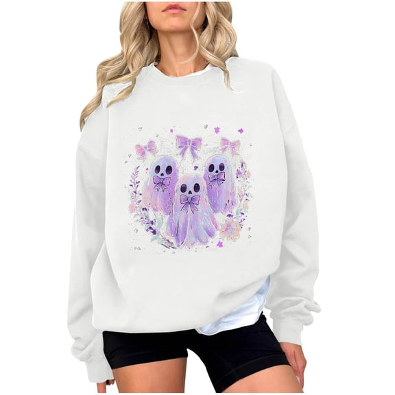 HomeDM Halloween Sweatshirts Womens Long Sleeve Graphic Crewneck Pullover Tops - White/M