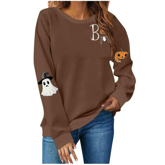 HomeDM Halloween Sweatshirts for Women Casual Loose Crewneck Tops Cute Graphic Long Sleeve T Shirts Fall Pullover - Brown/M
