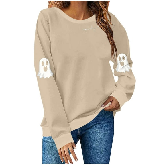 HomeDM Halloween Sweatshirts for Women Casual Loose Crewneck Tops Cute Graphic Long Sleeve T Shirts Fall Pullover - Khaki/S