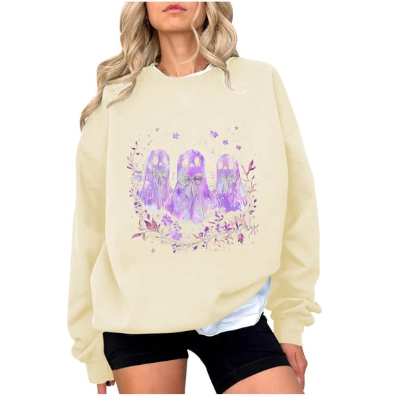 HomeDM Halloween Sweatshirts for Women Cute Funny Graphic Shirts Long Sleeve Crewneck Fall Pullover Tops - Beige/M