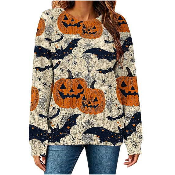 HomeDM Halloween Women's Long Sleeve Sweatshirt Crew Neck Graphic Pullover Tops Holiday Outfits