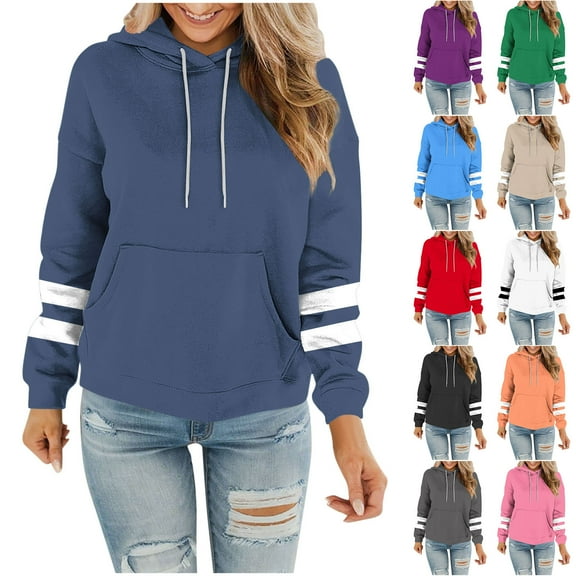 HomeDM Hoodie Sweatshirts Women's Stripes Long Sleeve Pullover Tops Kangaroo Pockets Casual Oversized Hoodies - Navy/M