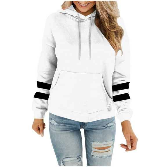HomeDM Hoodie Sweatshirts Women's Stripes Long Sleeve Pullover Tops Kangaroo Pockets Casual Oversized Hoodies - White/XL