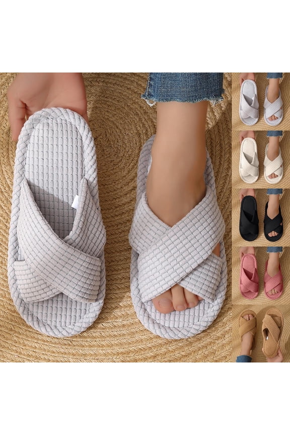 House Slippers for Women Open Toe Slip On Corduroy Cross Bands Bedroom Slides Sandals for Indoor, Gray Size 5.5