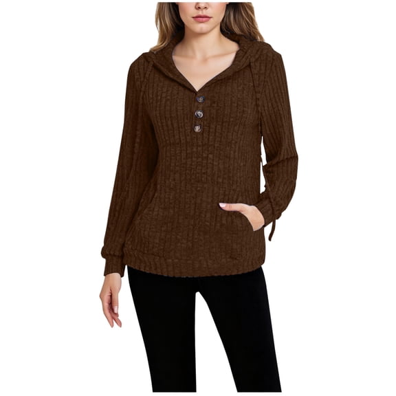 HomeDM Long Sleeve Hoodies for Women, Button Down Ribbed Sweatshirts Fall Pullover Tops with Pocket - Brown/S