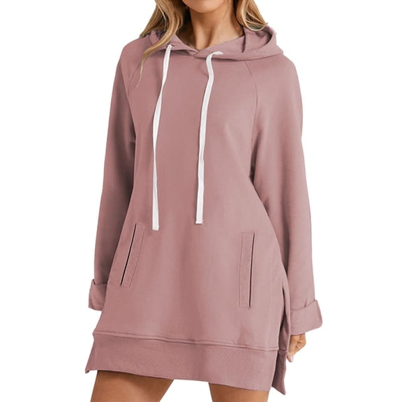 HomeDM Long Sleeve Hoodies for Women, Solid Color Loose Fit Sweatshirts Side Split Pullover Tops for Fall Winter - Light Pink/M