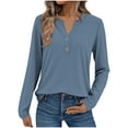 thumbnail image 1 of HomeDM Long Sleeve Shirts for Women Button Down V Neck Solid Color Dressy Tshirts Fall Casual Loose Tunic Tops - Navy/S, 1 of 6