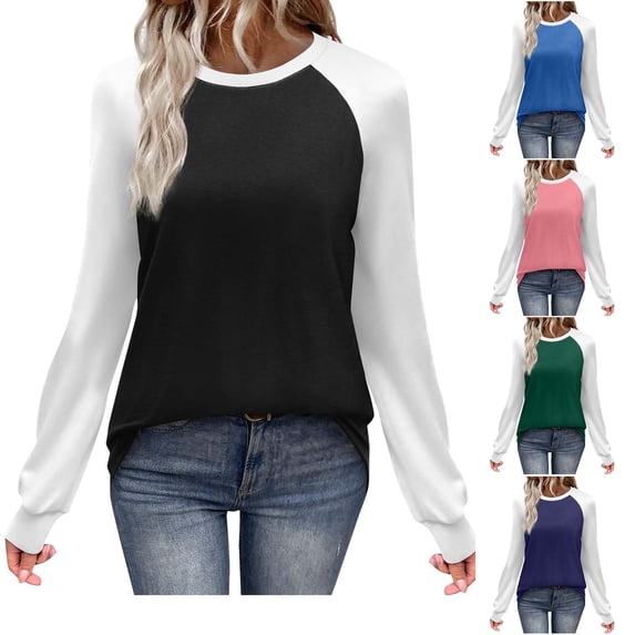 HomeDM Long Sleeve Shirts for Women Crew Neck Color Block Casual Pullover Tops Fall Dressy Blouses Loose Fit Basic Tees - Black/L