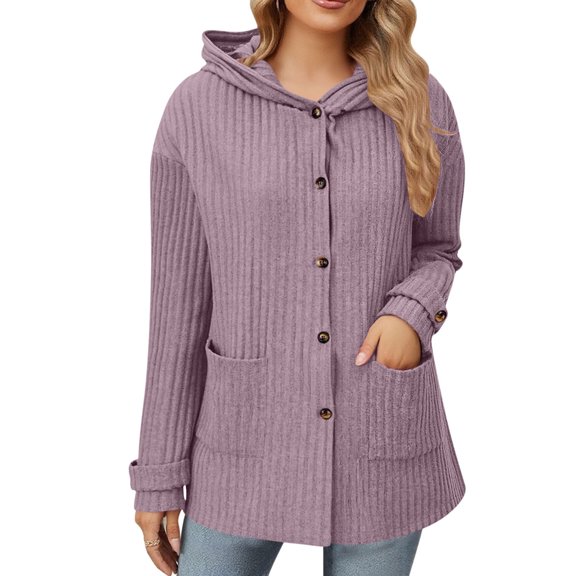 HomeDM Long Sleeve Sweatshirts for Women, Button Down Hoodies with Pocket, Solid Color - Purple/L