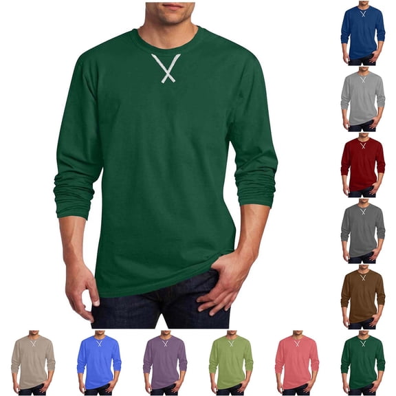 HomeDM Long Sleeve T-Shirts for Men, Crew Neck Casual Pullover Tops Solid Color Basic Tee, Army Green
