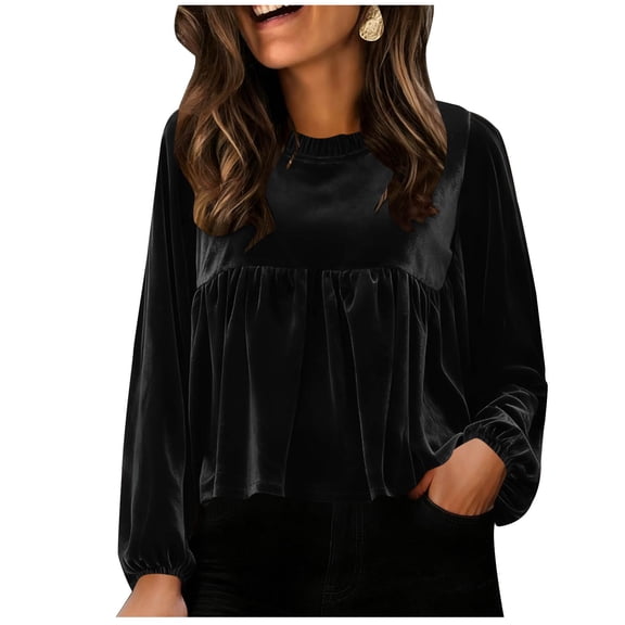 HomeDM Long Sleeve Velvet Shirts for Women, Ruffle Crew Neck Blouse, Dressy Casual Peplum Pullover Tops - Black/M