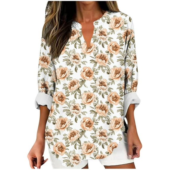 HomeDM Long Sleeve Womens Tops V-Neck Trendy Floral Tunic Tops Casual Summer Fall Work Business Blouses, Size S-5XL