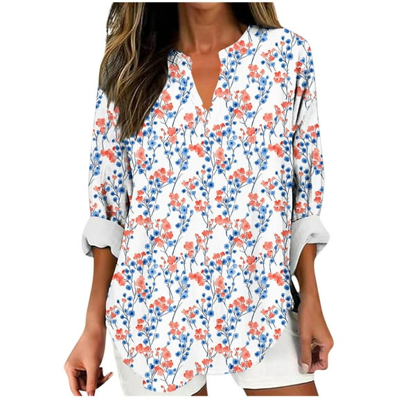 HomeDM Long Sleeve Womens Tops V-Neck Trendy Floral Tunic Tops Casual Summer Fall Work Business Blouses, Size S-5XL
