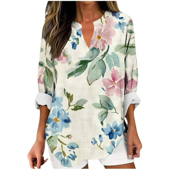 HomeDM Long Sleeve Womens Tops V-Neck Trendy Floral Tunic Tops Casual Summer Fall Work Business Blouses, Size S-5XL