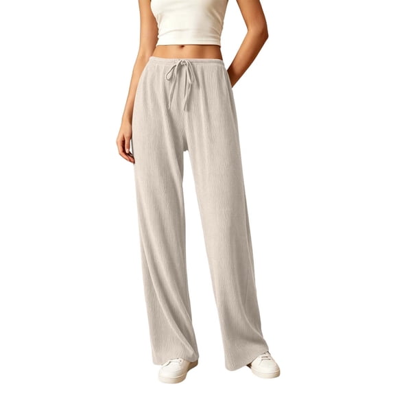 HomeDM Lounge Pants for Women Straight Leg Drawstring Casual Trousers Beige Athletic Work Pants with Pockets Size L