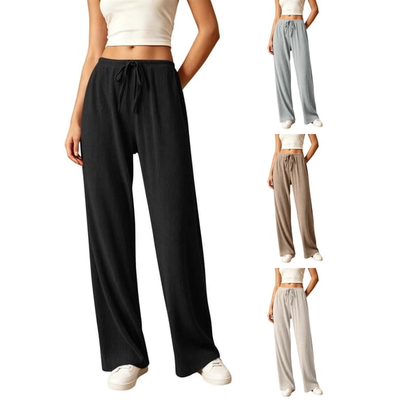 HomeDM Lounge Pants for Women Straight Leg Drawstring Casual Trousers Black Athletic Work Pants with Pockets Size L
