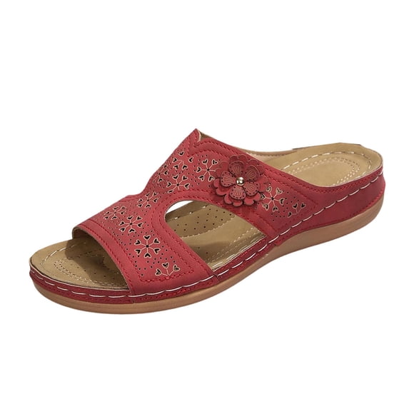 HomeDM Low Wedge Platform Sandals for Women Open Toe Slip On Summer Comfort Walking Beach Slide Sandals, Wine Size 6