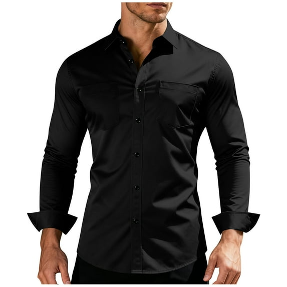 HomeDM Men's Button Down Dress Shirts, Long Sleeve Slim Fit Work Shirt with Pocket, Solid Color, Black