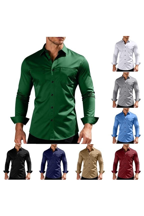 HomeDM Men's Button Down Dress Shirts, Long Sleeve Slim Fit Work Shirt with Pocket, Solid Color, Green