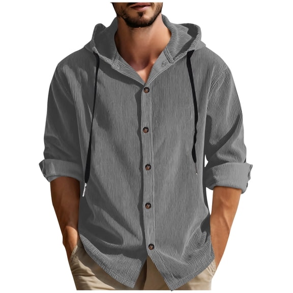 HomeDM Men's Button Down Hooded Shirts, Long Sleeve Solid Color Corduroy Shacket, Gray