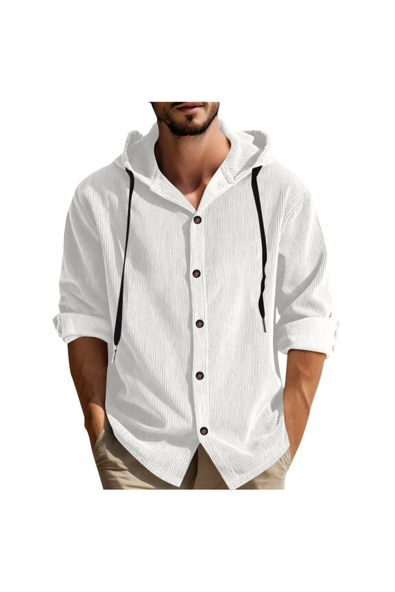 HomeDM Men's Button Down Hooded Shirts, Long Sleeve Solid Color Corduroy Shacket, White