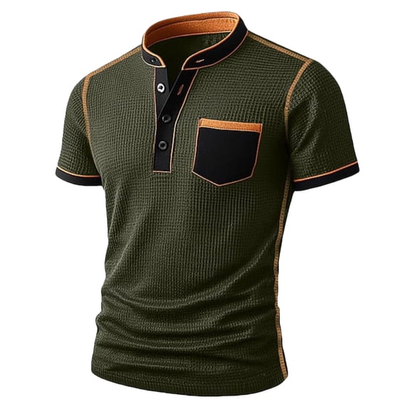 HomeDM Men's Button Down Short Sleeve Shirts, Waffle Texture Mock Neck Pullover Tops with Pocket, Army Green