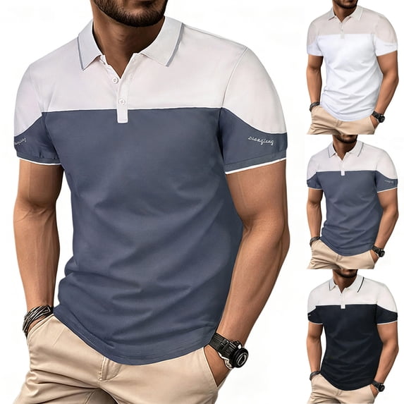 HomeDM Men's Collared V-Neck Shirts Short Sleeve Button Color Block Golf T-Shirt Summer Pullover Tops, Gray Size XS