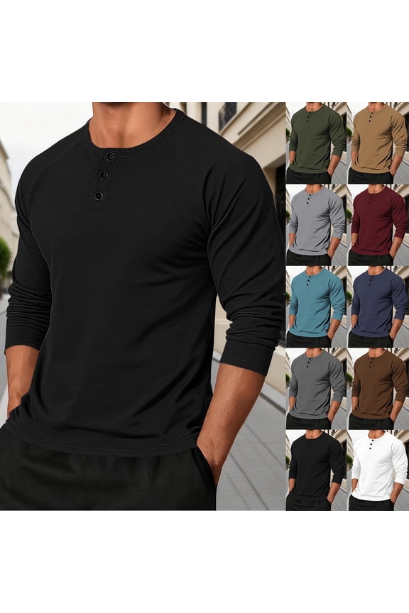 HomeDM Men's Henley Button Down T-Shirt Crew Neck Long Sleeve Pullover Tops Soft Solid Color Basic Tee, Black