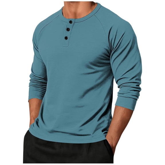 HomeDM Men's Henley Button Down T-Shirt Crew Neck Long Sleeve Pullover Tops Soft Solid Color Basic Tee, Sky Blue