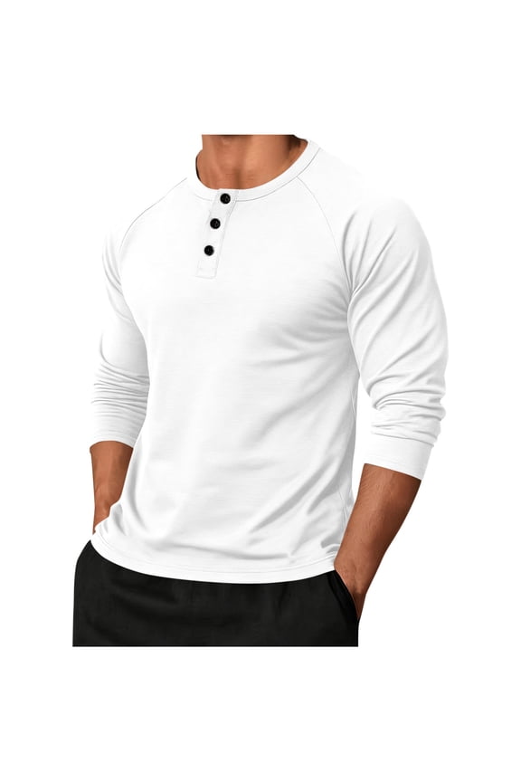 HomeDM Men's Henley Button Down T-Shirt Crew Neck Long Sleeve Pullover Tops Soft Solid Color Basic Tee, White