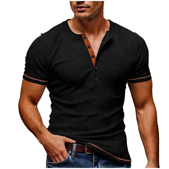 HomeDM Men's Henley Button T-Shirts Short Sleeve Crew Neck Summer Workout Pullover Tops Solid Color, Black Size XL
