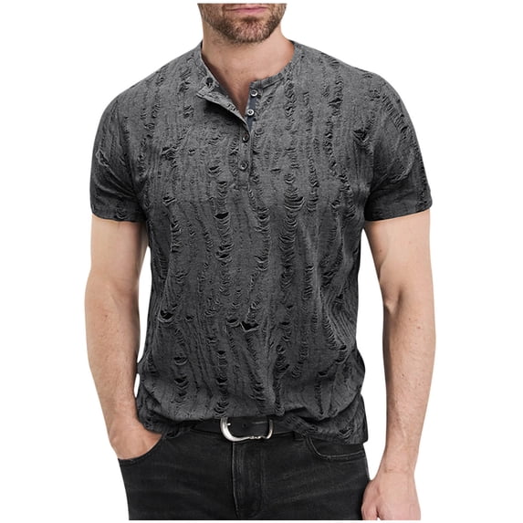 HomeDM Men's Henley Shirts Summer Short Sleeve Dressy Texture T-Shirt Button Crew Neck Pullover, Dark Gray, Size M